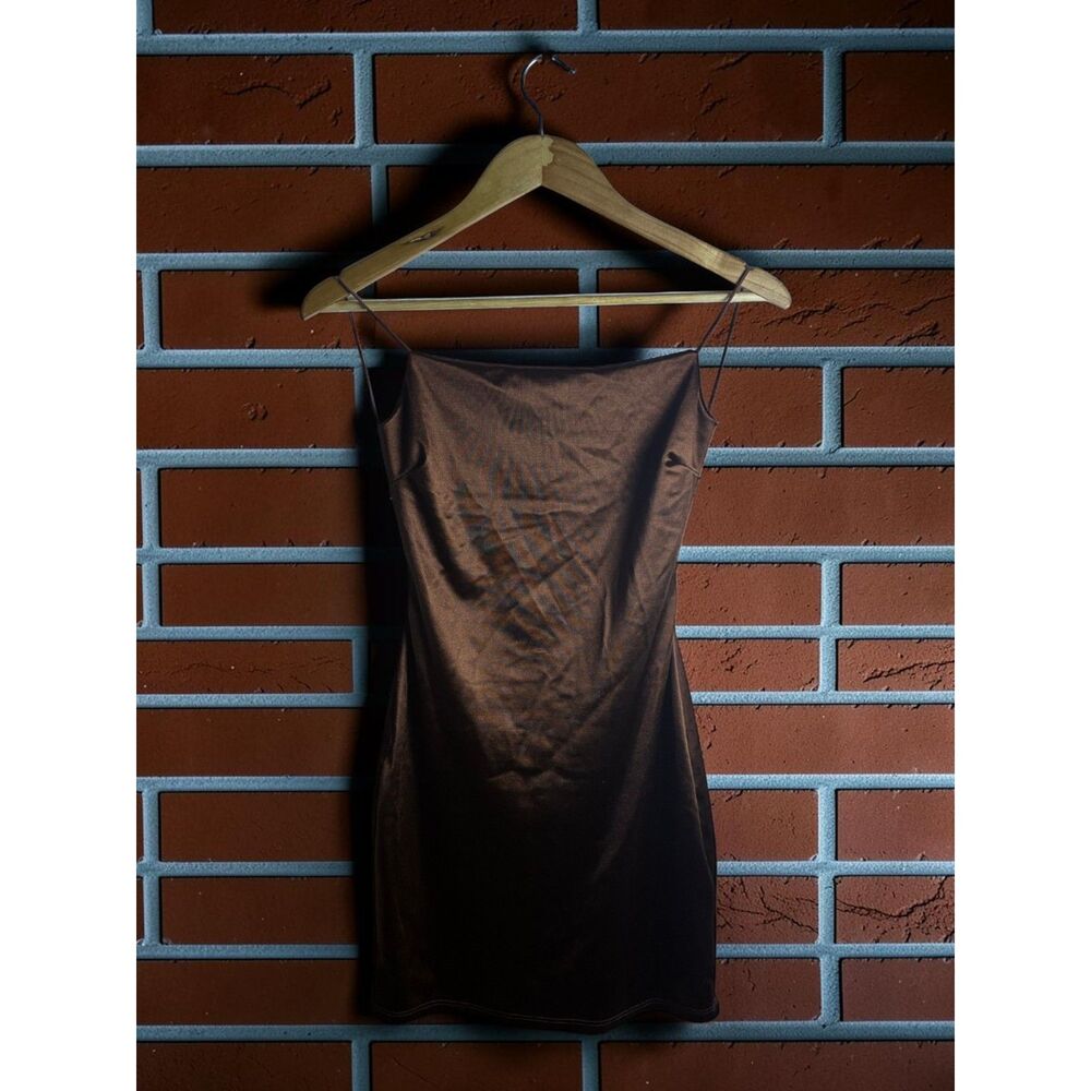 Brown Satin Mini Slip Dress Womens Spaghetti Strap Bodycon Cocktail Party